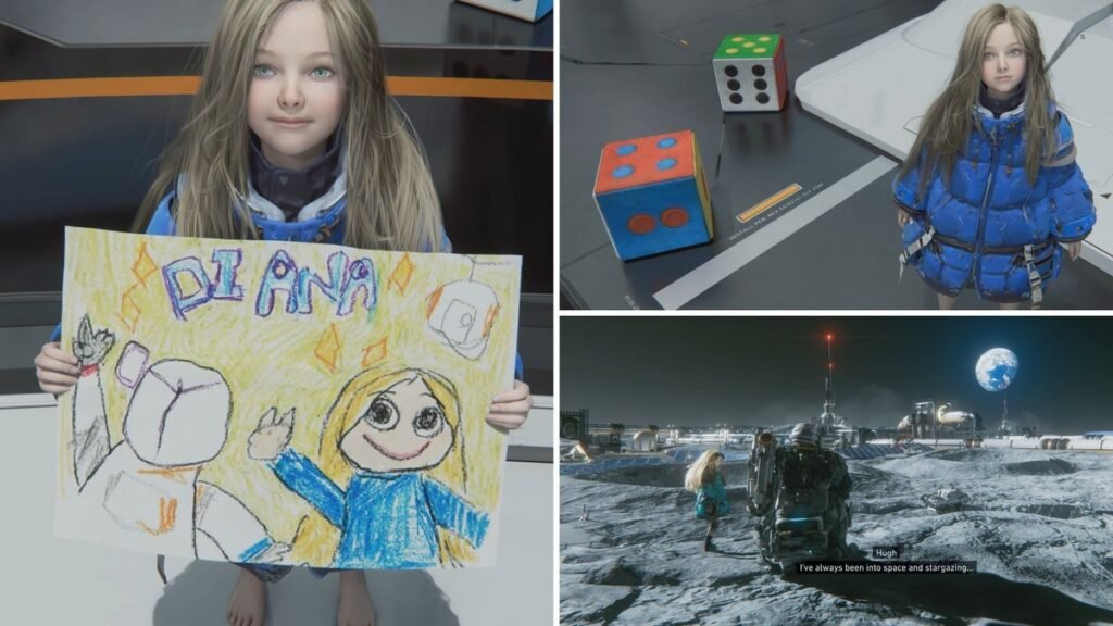 pragmata diana standing near blocks with drawing and stargazing